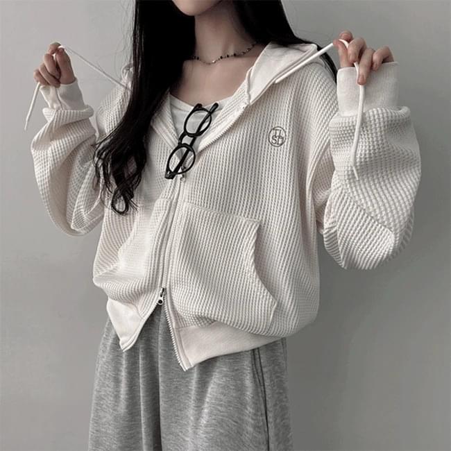 Foodie Loose-fit embroidered waffle two way hooded zip-up