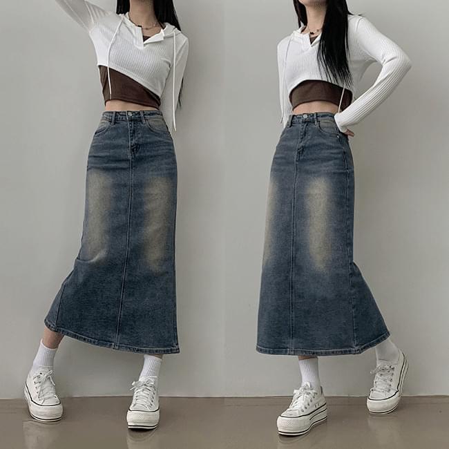 Shuko high waist H-line back Faded denim long skirt