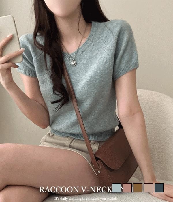 浣熊造型V領短袖針織上衣