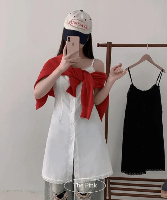 Fuhen Lace Pintuck Button Sleeveless Mini Dress