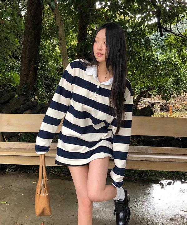 ケロッピー ルーズフィット カラネック ピケ ラグビー ダンガラストライプTシャツ-3color