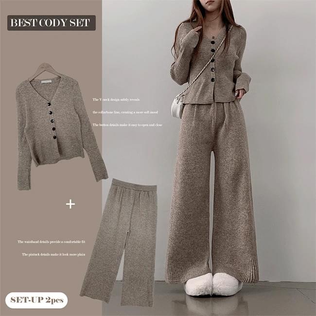 Posi Ribbed Knitwear Cardigan + Wide Knit Pants Set
