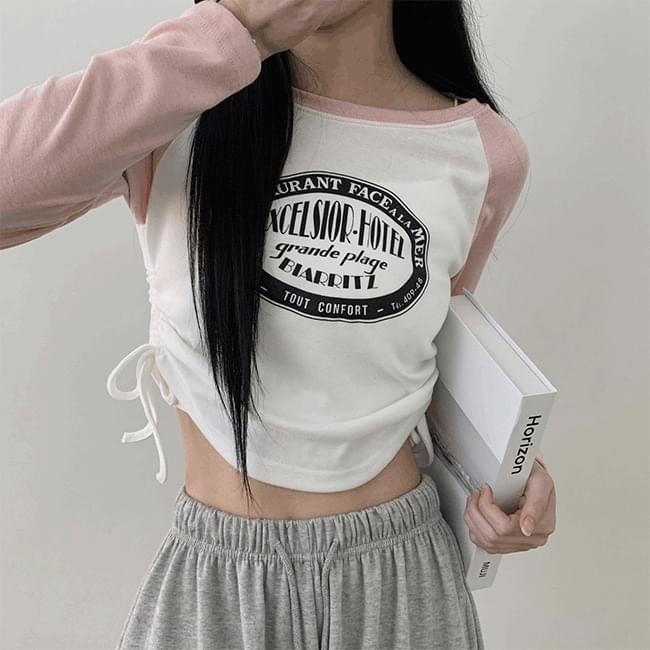 Goten color combination Nagrang shirring crop long sleeve t-shirt