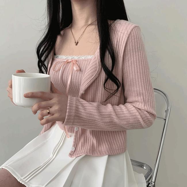 주비 골지 레이스 리본 나시 + 버튼 라운드 가디건 set