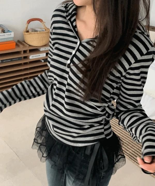 Odit Striped Stripe Slim Fit Side Waist Shirring Hood Long Sleeve T-Shirt 2 Colors