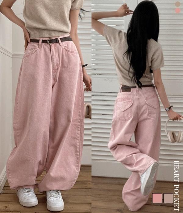 愛心口袋寬版棉質長褲