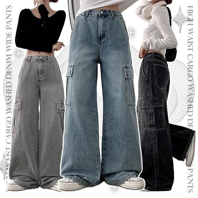 Cont High Waist Hidden Banding Cargo Faded Denim Wide Pants