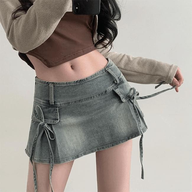 Earth low waist ribbon micromini denim skirt pants