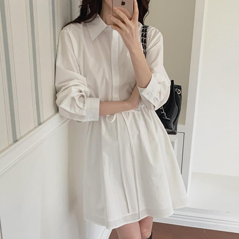 棉麻釦環領帶長袖連身洋裝