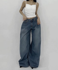 캐드 데일리 맥시 오버핏 핀턱 폴딩 데님 와이드 팬츠(블랙,블루)