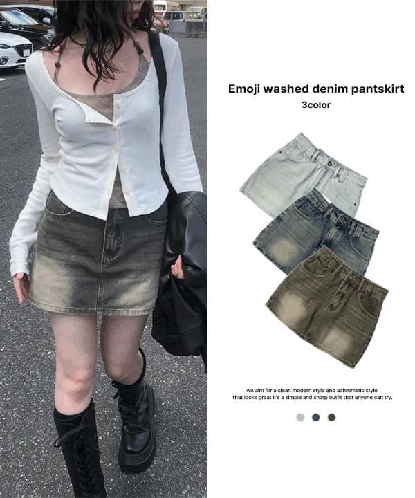 Emoji Faded Denim Skirt Pants Skirt (Ships Today) 裙子
