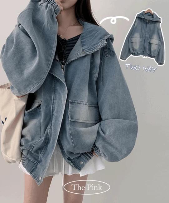 Kion Overfit Hood Big Pocket Faded Denim Jacket