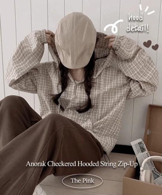 Country Anorak Check Hood String Half Zip-Up