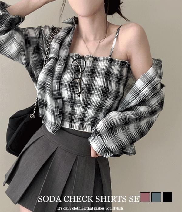 Soda Check Sleeveless + String Crop Shirt Two-Piece Set