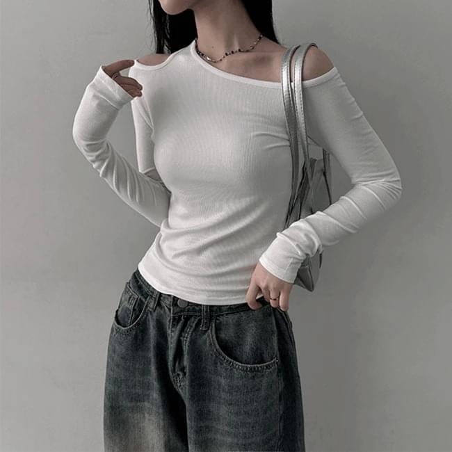 Lago Slim Fit Ribbed Unbalanced Team Off Shoulder Long Sleeve T-Shirt