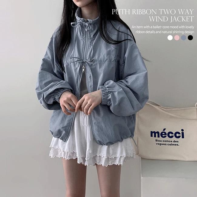 Pussy Ribbon Shirring Two Way Rustling Wind Jacket