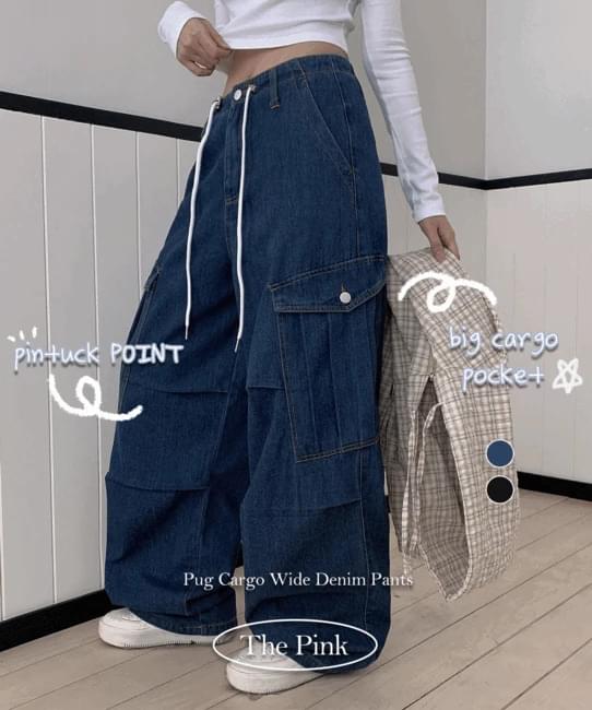 Pug Cargo Pocket Knee Pin Tuck Wide Denim Pants