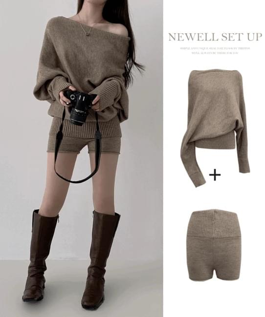 Newel Unbalanced Boat Neck Loose-fit Off-Shoulder Knitwear + Banding Knit Shorts Set