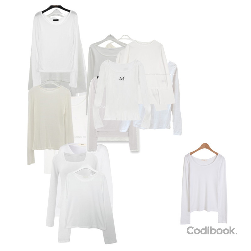 MUCENT POSH TWO-WAY T (2Color) 포시 백디테일 투웨이 롱 슬리브 골지티 (2컬러),From Beginning 베이직 라운드 티(크롭/스탠다드)(7color),From Beginning 베이직 라운드 티(크롭/스탠다드)(7color)등을 매치한 코디