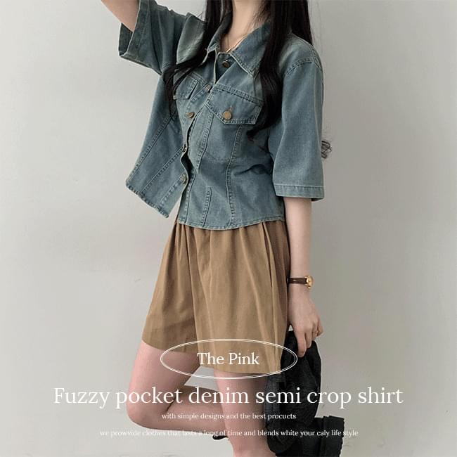 Fuzzy Pocket Denim Faded Semi-Cropped Short Sleeve Shirt