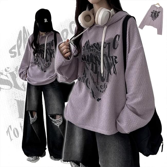 Nether Overfit Printed Waffle Hood Long Sleeve T-shirt