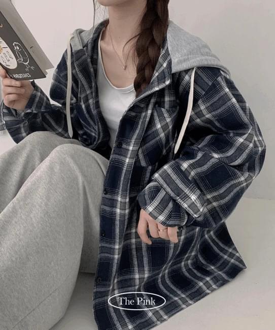 Kelin Check Pocket Overfit Hooded Shirt Shirt