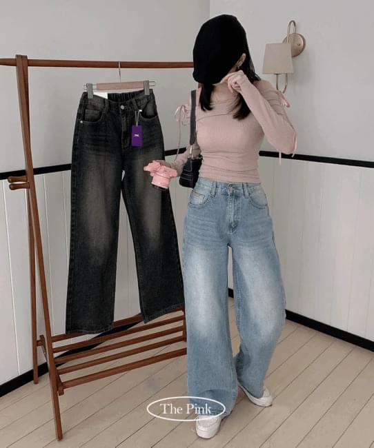 Cavett high waist back banding wide Faded denim pants