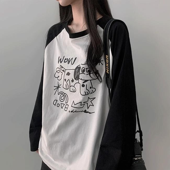 Riku Loose-fit printed color combination Nagrang long sleeve t-shirt (Delayed delivery)