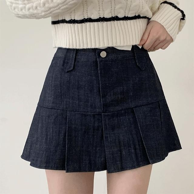 Feathered Denim Pleated Mini Skirt
