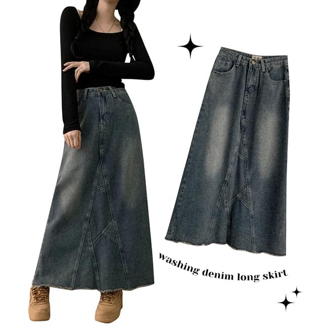 Chic back opening Faded denim long skirt