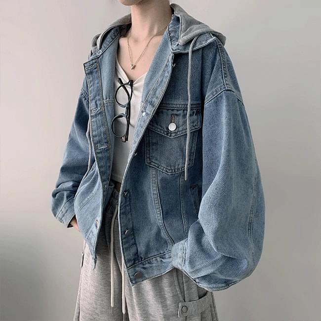 Roshow Overfit Stitch Hood Faded Denim Jacket