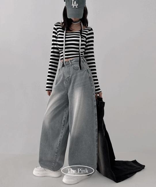 PQ High Waist Faded Wide Denim Pants