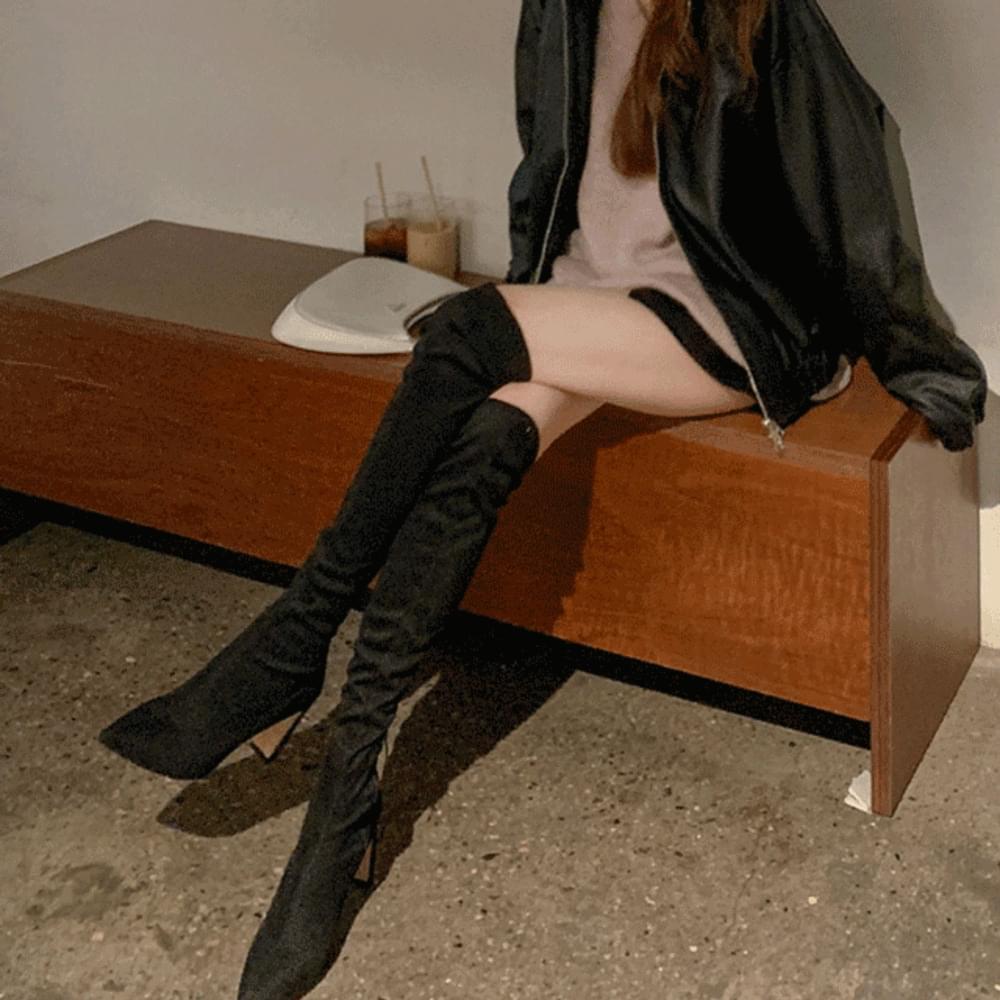 Spandex Golden Suede Stiletto Side Zipper Winter Long Boots Heel Shoes Beige Brown Black