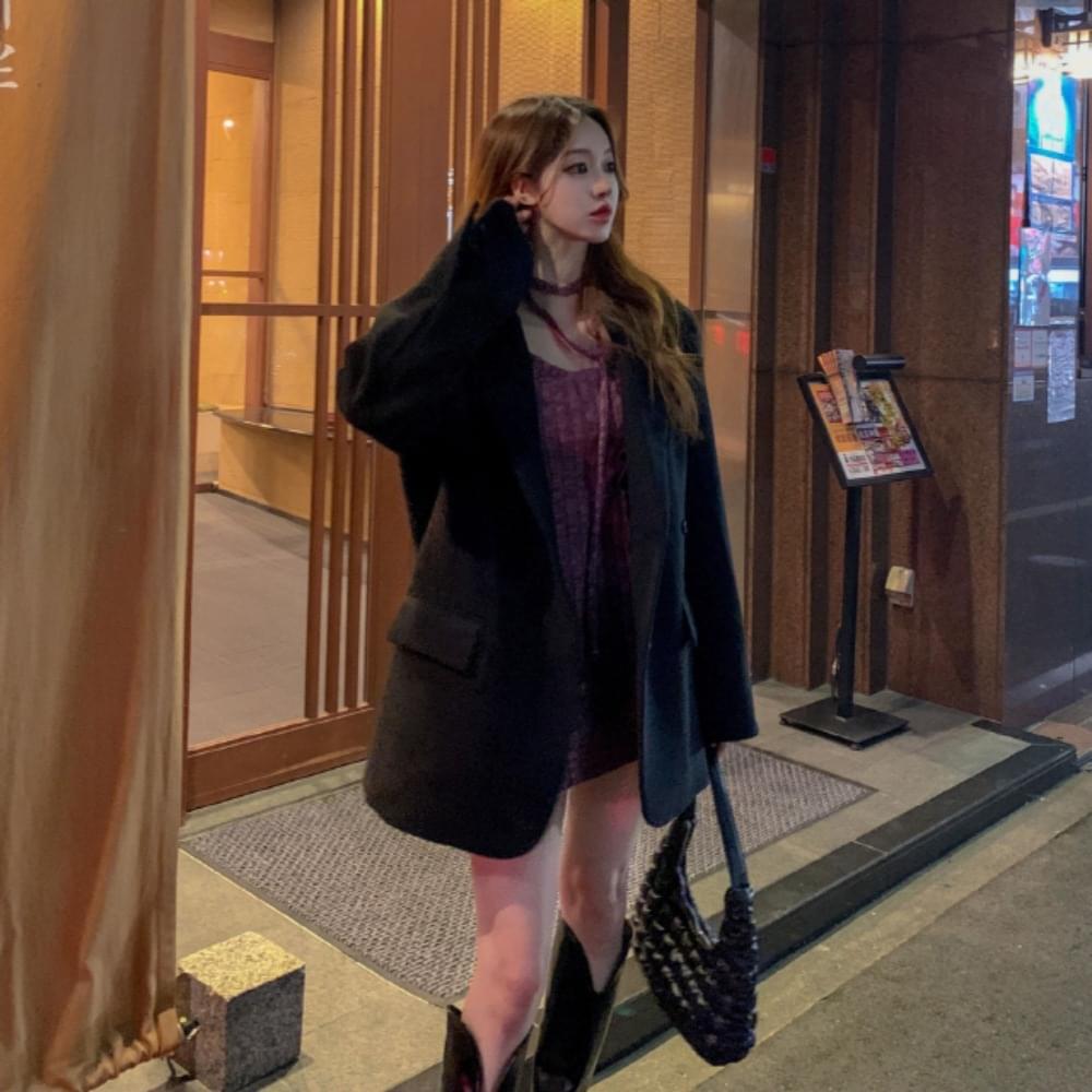 2way wool coat jacket Loose-fit two double button pockets collar outfit overfit winter half half coat wool rayon black charcoal