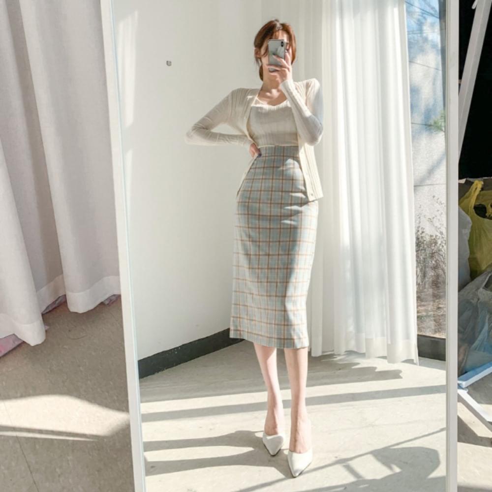 Check H-line slit pencil long skirt Sora yellow black