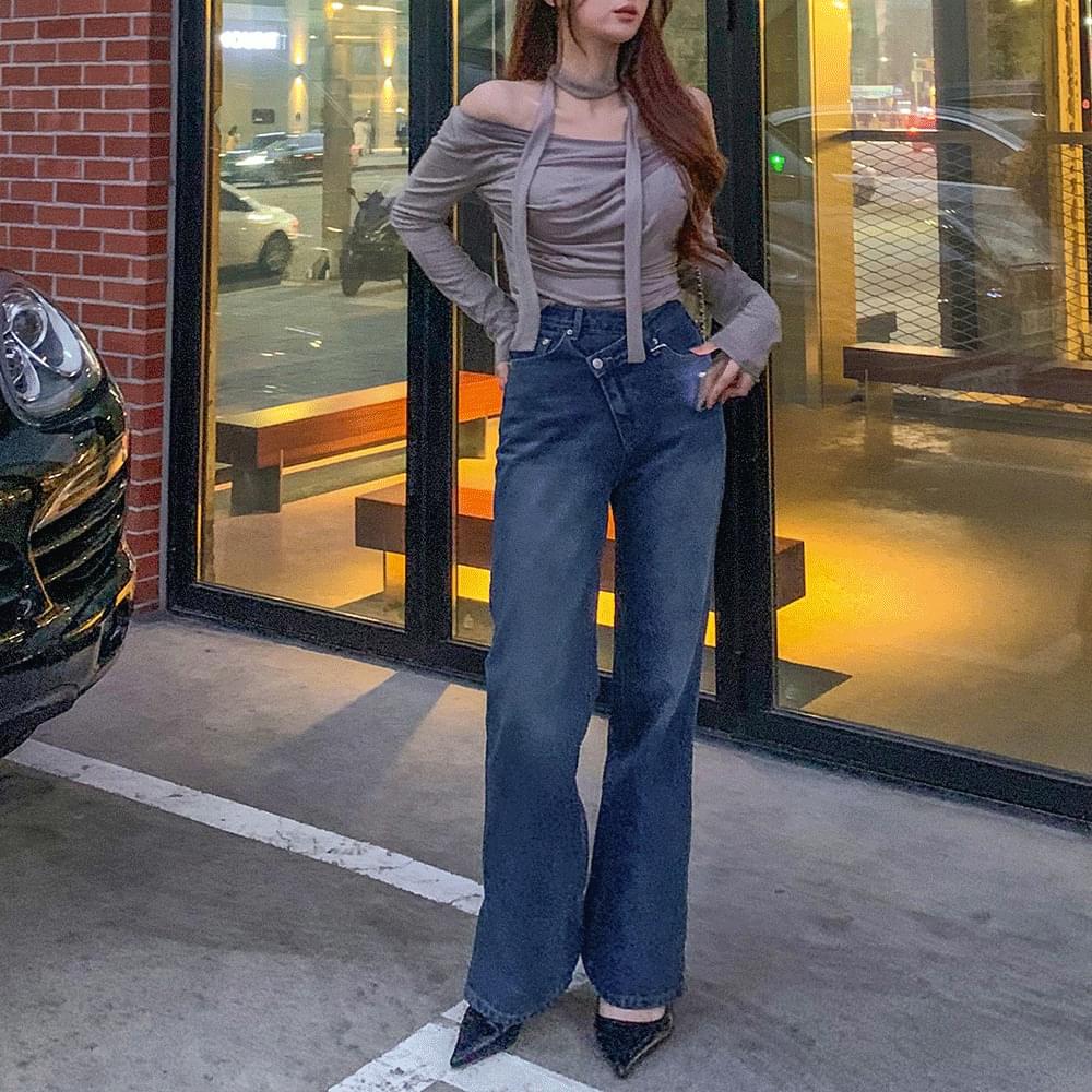 Long~leg fit, underfoot, wrap denim slit, long wide pants, high waist, straight jeans, Split jeans, Dark Blue y2k, dark blue , Black Denim , SML.