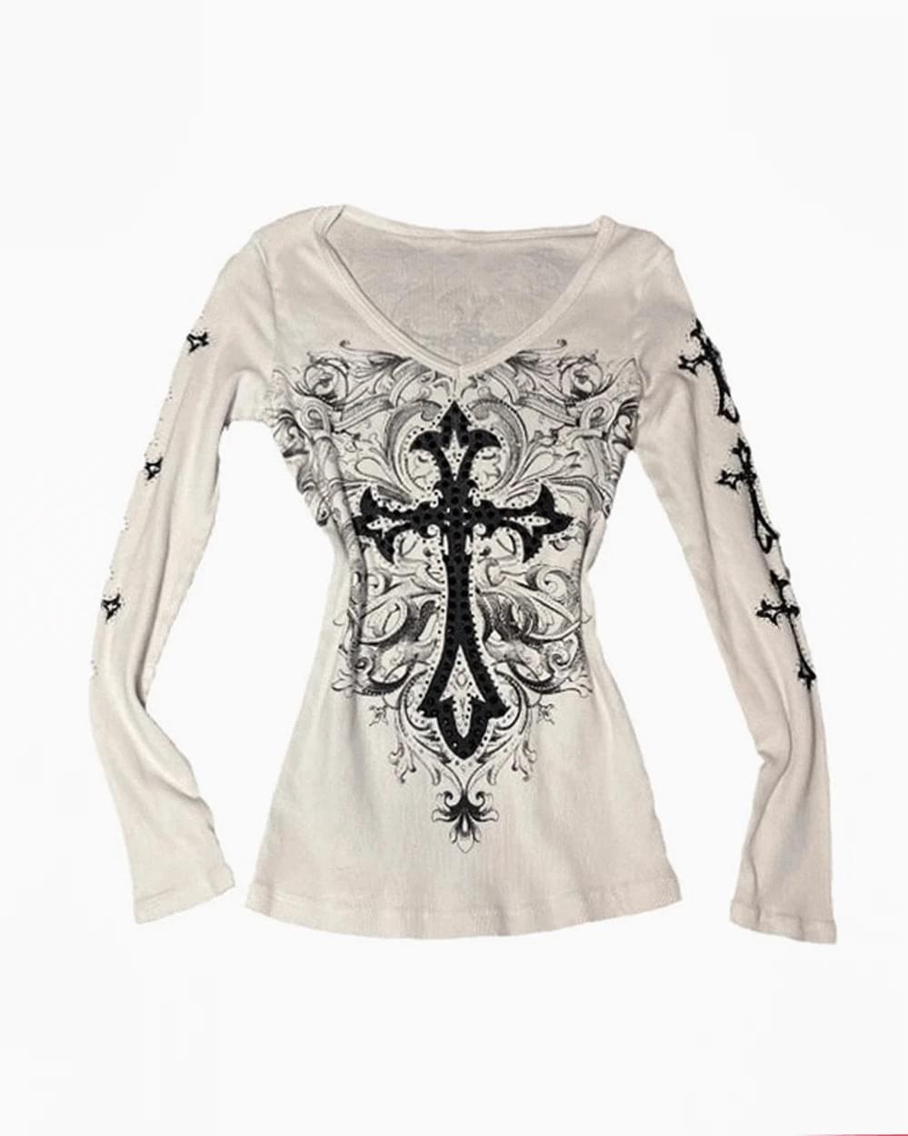 Chrome Cross V V-Neck Long Sleeve Tee