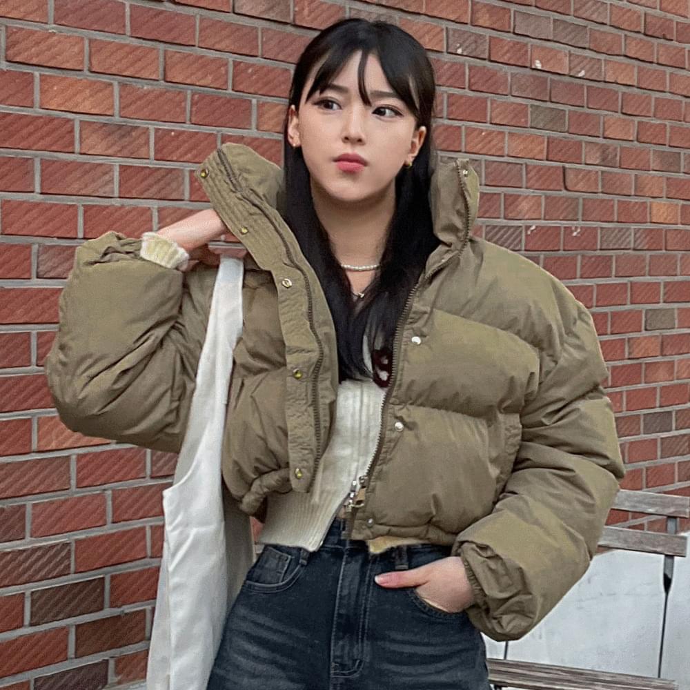 Warm Wellon High Neck String Crop Short Padding Pocket Snap Zipper Jacket Winter Long Sleeve Outerwear