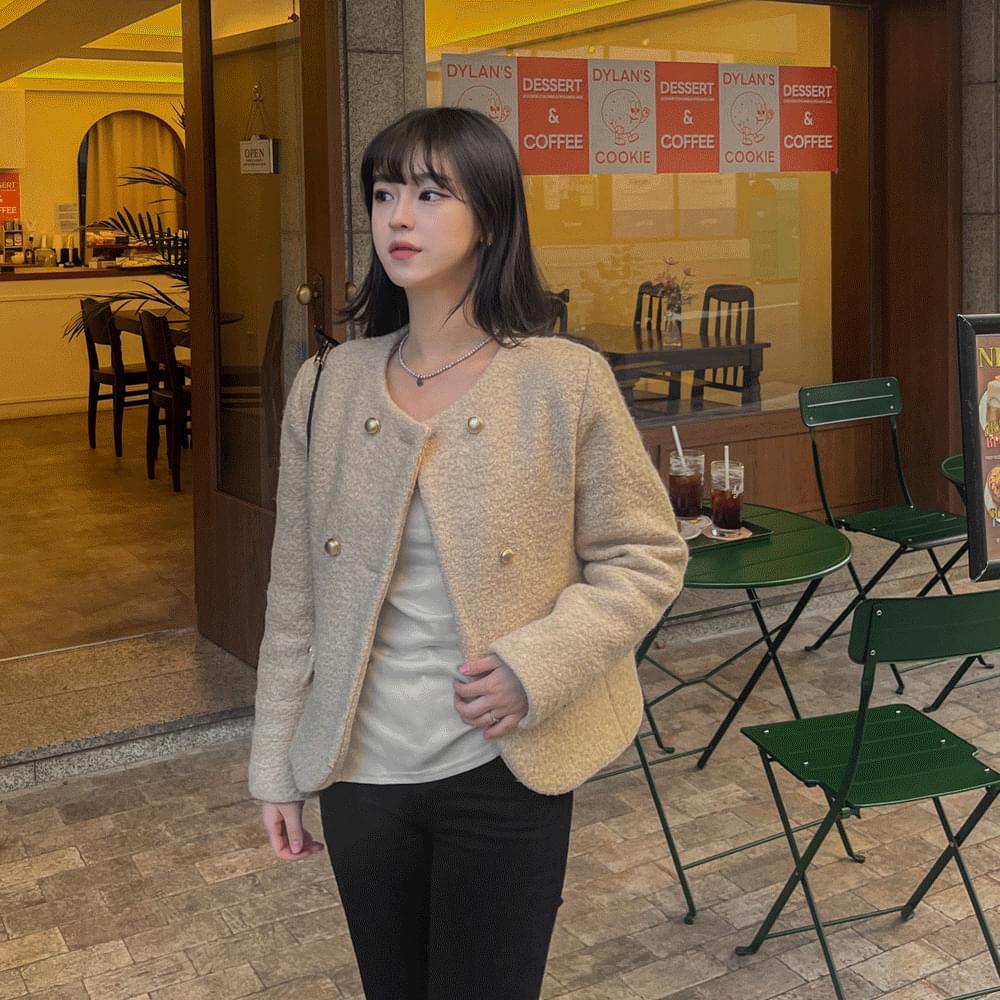 Thick pearl buckle tweed jacket double wool no collar half short coat