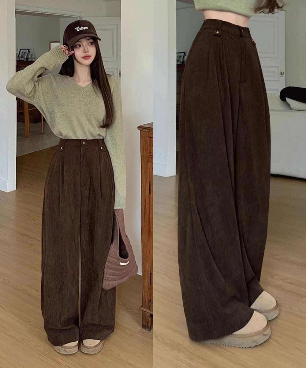 *SL* Back banding golden pin tuck long wide pants trousers high waist banding fleece pants Fleece-lined Loose-fit over fit winter bottoms ivory brown