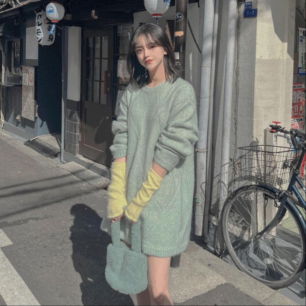 Kitsch thick overfit Loose-fit wool angora heart punching Knitwear mini Dress long knit ivory pink mint