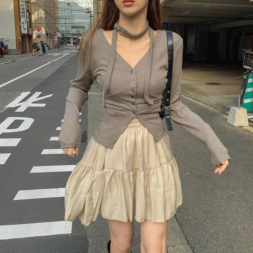 Feminine V-Neck Ribbed long-sleeved team cardigan + tie set two-piece layered knitwear t-shirt