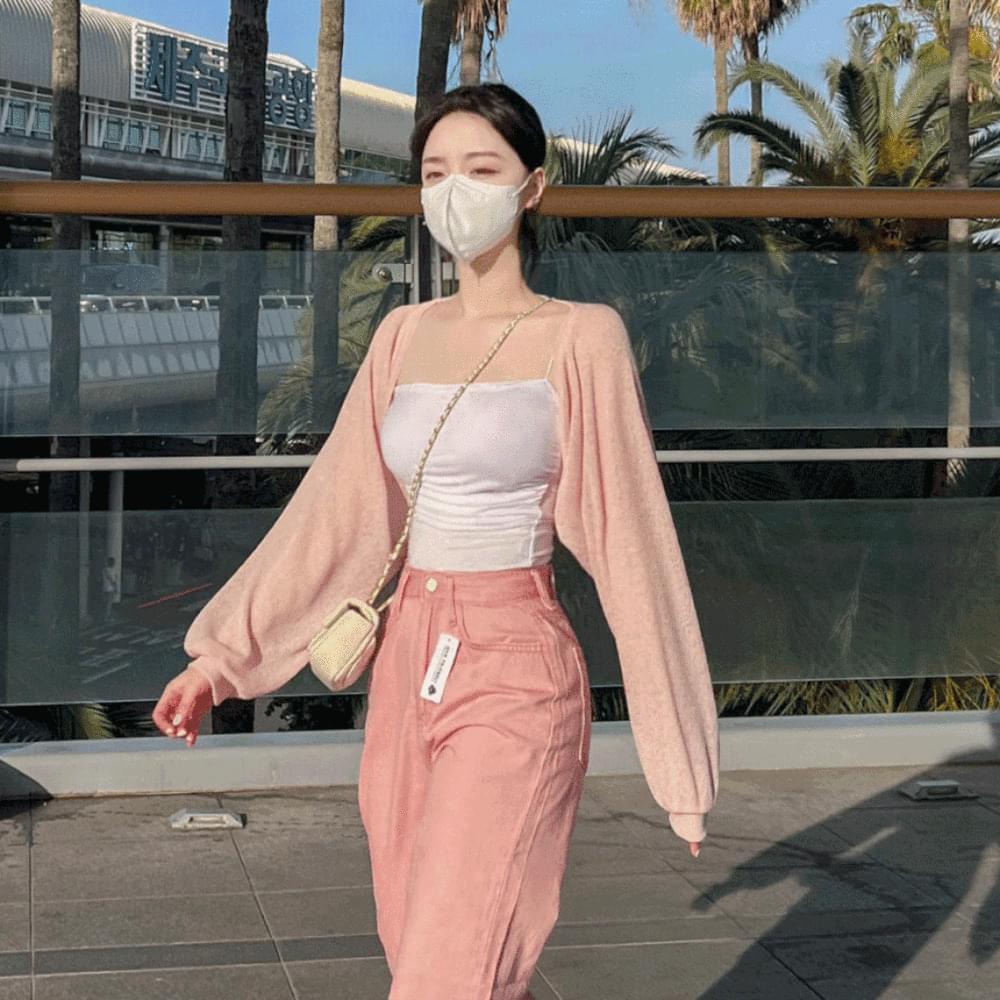 Summer A-linen See-through Knitwear Balloon Puff Crop Bolero Cardigan Drenched Show Water Bomb Festival Festival Look Goddess of the Beginning Spring Ivory Pink Melange Black