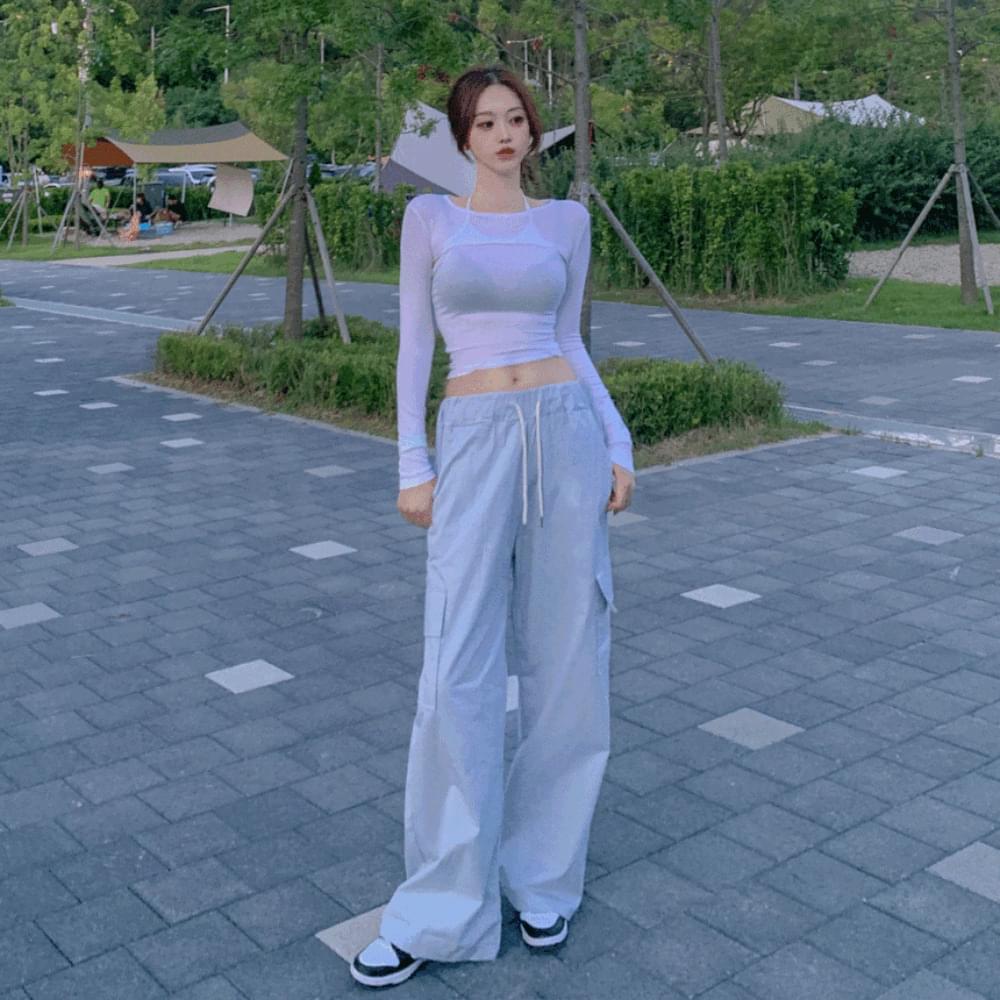 Hip fit banding pants high waist low rise low waist pocket long wide cargo pants 4col