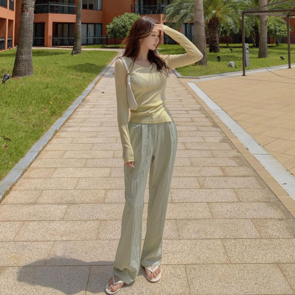 Summer rayon wrinkle pin tuck high waist long slacks pleated pleated straight wide nylon pants