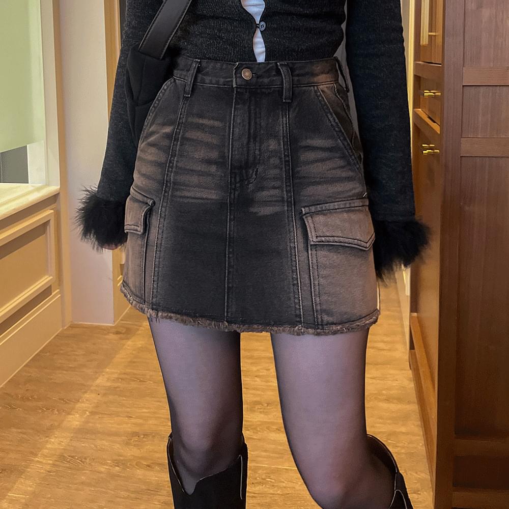 Pelvis up vintage denim cargo mini skirt damage surgery cutting cotton H line high teen look date daily denim black S M L