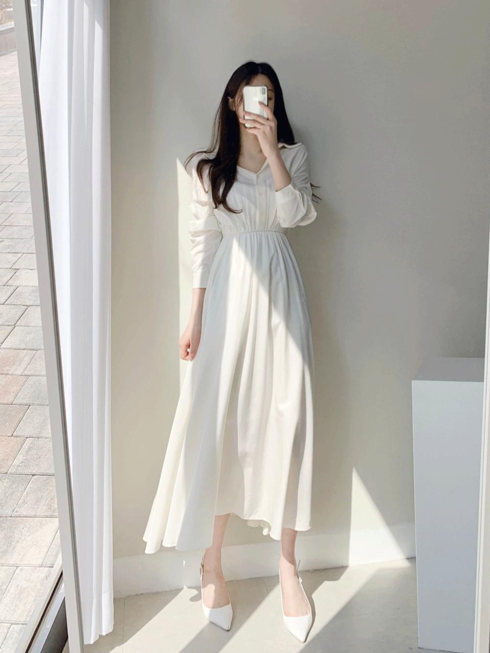 Sky sky~ V-Neck shirt flare long Dress ivory black
