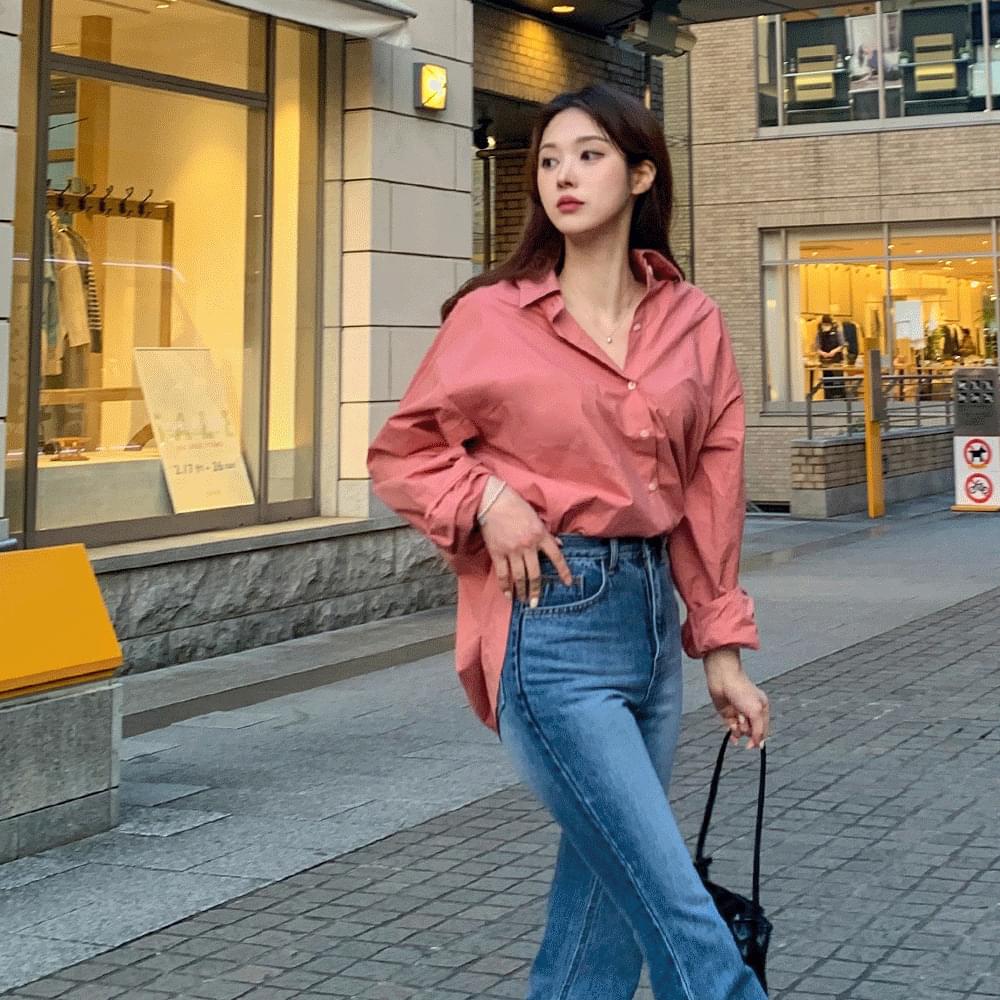 Daily simple plain basic overfit collar shirt long Boxy uncut roll-up Shirt pocket rustling Shirt campus look opening of the semester look wedding guest look date look office look 3 colors
