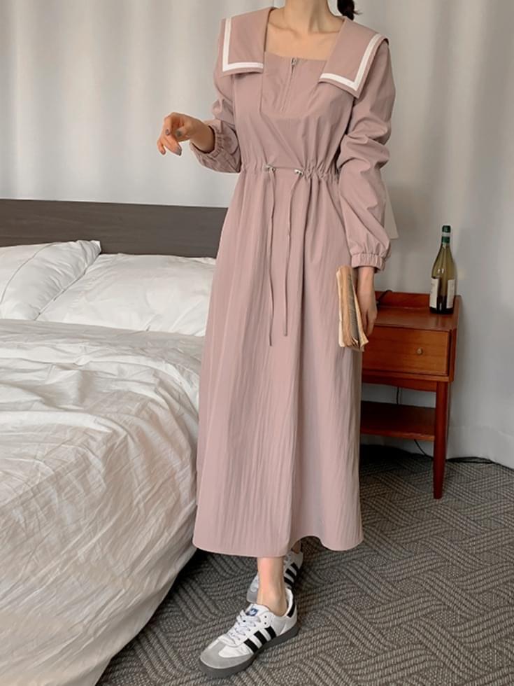 Adenlive color blocking sailor collar string long one Dress