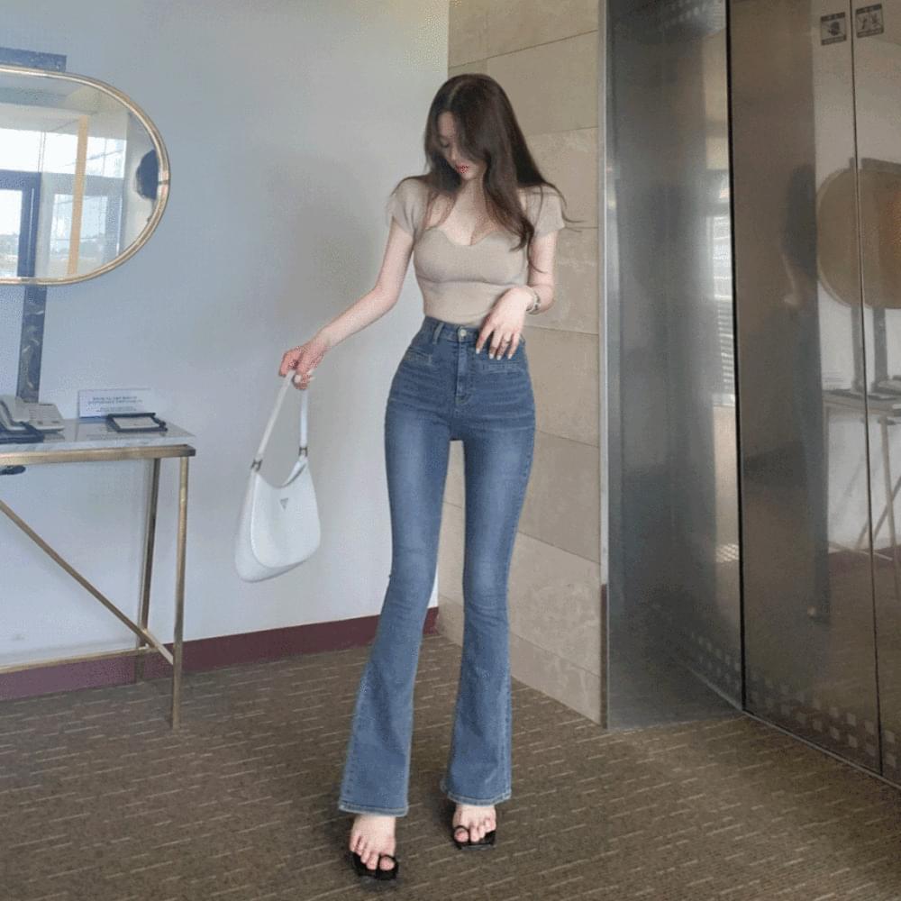 MADE Pelvic up front pocket high waist long Flared Faded trumpet denim Light Blue blue Blue Dark Blue Black Denim